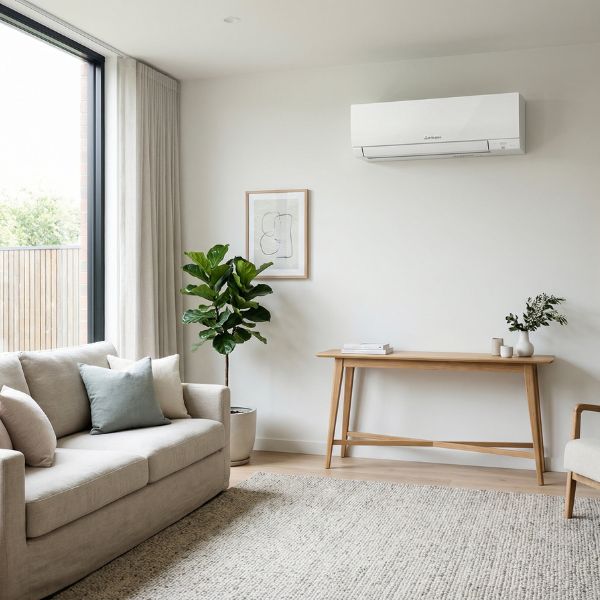 Park home air conditioning installation in the UK, wall mounted efficient cooling and heating system in residential park home interior, compact quiet AC unit for year round comfort and energy efficiency www.airomax.co.uk