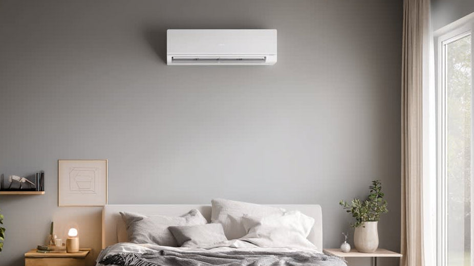 Bedroom air conditioning installation in UK home, quiet wall mounted cooling and heating system in modern bedroom interior, energy efficient AC unit for comfortable sleep and year round temperature control www.airomax.co.uk