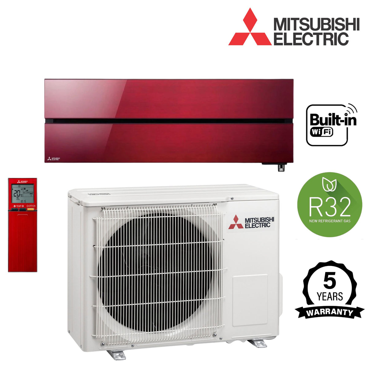 Wall Mounted Mitsubishi Electric MSZ-LN  Ruby Red Air Conditioner with Built-In WiFi