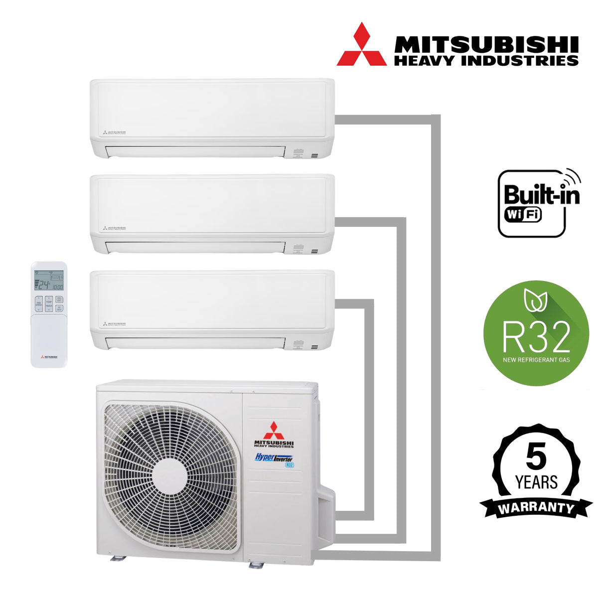 Mitsubishi Multi Wall Mounted Premium 3 Unit Split Air Conditioner with Heat Pump & WiFi